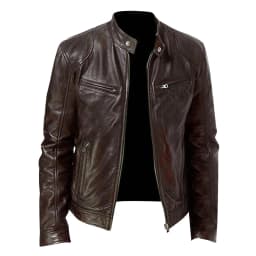 Bazeneo Mens Leather Jacket Winter Fleece Faux Leather Jacket Thick Warm Zip Motorbike Jackets Long Sleeve Western Style Pu Outwear Stand Collar Slim Fit Coat with Pocket Coat for Men - Thumbnail 1