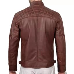 JUUYY Men's Genuine Biker Leather Quilted Shoulders Jacket Cafe Racer Leather Full Zipper Fashion Jackets Brown XXL - Thumbnail 3