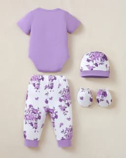 Kimi Bear Newborn Baby Girls Layette Essentials Set Summer Clothes 4 Packs Short Sleeves Romper Tops Pants Sets with Hats and Gloves 16pcs Girl Gifts Purple NB - Thumbnail 5