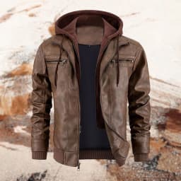 VNKIDY Men's Coat Autumn Winter Solid Color Leather Jacket With Detachable Hood Long Sleeve Zipper Ribbed Warm Coat For Casual Daily Streetwear Activities Soft Outerwear - Thumbnail 2