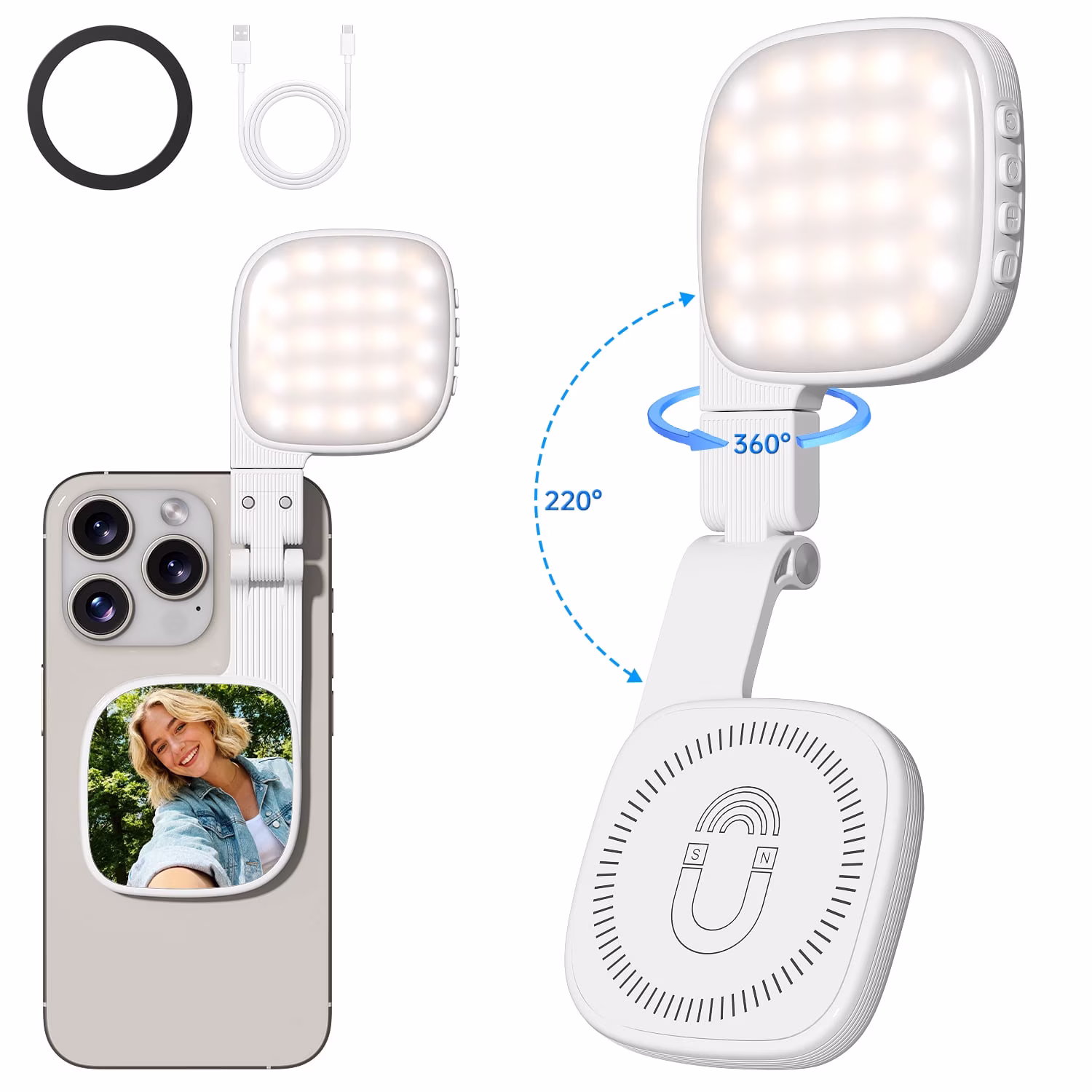 Cshidworld Portable Selfie Light with Mirror, 360° Magnetic, 1000mAh Rechargeable, 48 LED, 3 Modes, 10 Brightness, CRI 80, for Phone, Makeup, Live - Thumbnail 1