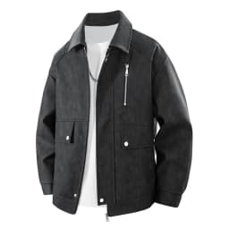 ZCFZJW Men's Faux Leather Coat Oversize Trend Collared Bomber Jackets Long Sleeve Washed PU Jacket for Spring Vintage Classic Fit Coats Street Wear with Zipper Pockets Black M - Thumbnail 5