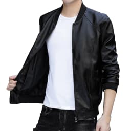 kakina CMSX Men's Autumn and Winter Leather Jacket,Motorcycle Lightweight Round Neck Faux Leather Outwear Slim Solid Color Casual Stylish Coat - Thumbnail 2