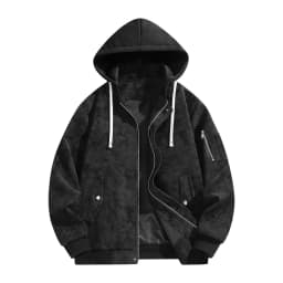 Eryao Men's Zip Up Jacket Fall Winter Vintage Faux Leather Patchwork Hooded Jackets Casual Big and Tall Drawstring Outerwear Coat with Multi Pockets Black,M - Thumbnail 1