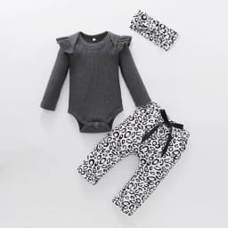 ORT Baby Girl Clothes 3 6 9 12 Months Outfits Long Sleeve Knitted Romper & Daisy Pants Fall Winter 3Pcs Clothes Sets(Grey,6-9 M) - Thumbnail 2