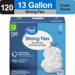 Great Value Strong Flex 13 gal Drawstring Tall Kitchen Trash Bags, Fresh Scent, 120 Bags - Thumbnail 2