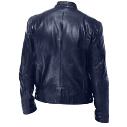 BLTIBY Mens Leather Jacket Fall Winter Solid Color Stand Collar Vintage Motorcycle Biker Jackets Long Sleeve Casual Coat Outwear with Pockets Dark Blue XL - Thumbnail 3
