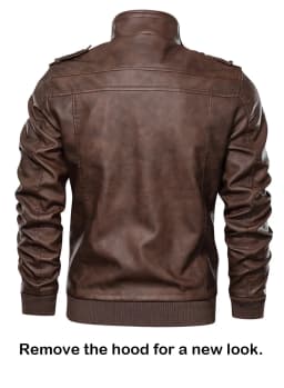 Hood Crew Men's Pu Faux Leather Jacket with Removable Hood Brown M - Thumbnail 5