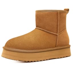 Crestar Platform Mini Boots for Women, Genuine Suede Fuzzy Ankle Snow Boots with Fur Lined, Chestnut - Thumbnail 1
