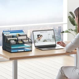 Marbrasse Mesh Metal Desk Organizer with Sliding Trays, Multi - Compartment Desktop File Organizer for Office Supplies, Documents, Folders, Black - Thumbnail 4