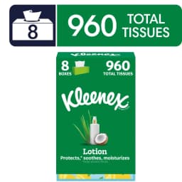 Kleenex Lotion with Coconut Oil 3-Ply Flat Box Facial Tissues, 8 Pack (960 Total Tissues) - Thumbnail 1
