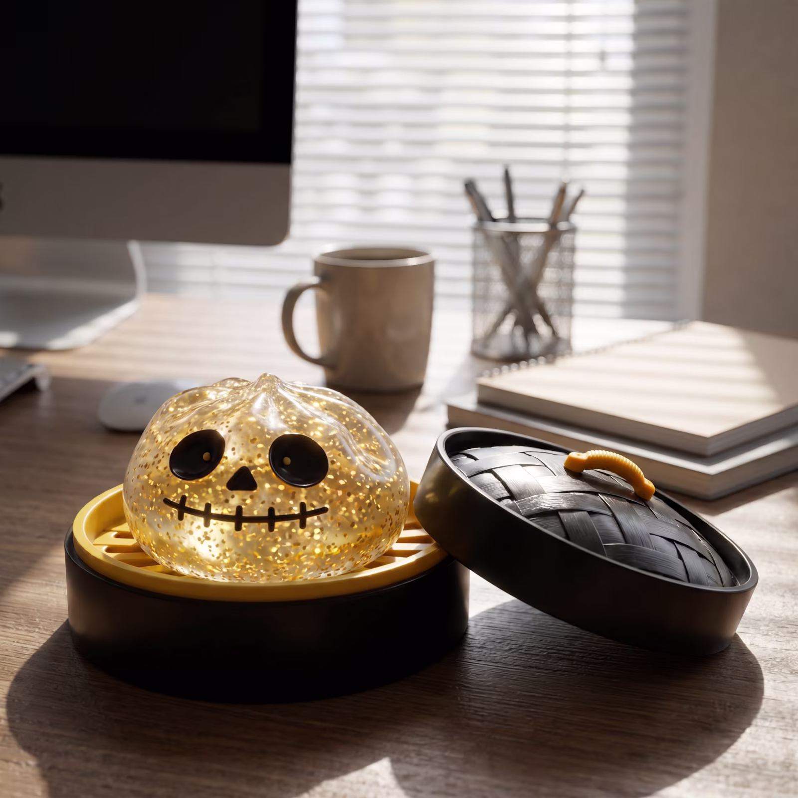 Halloween Squishy Toy, Black Yellow Glow in Dark Pumpkin Stress Ball, Sensory Fidget Toy with Sparkle, Spooky Skull Face Design, Squeeze Toy - Thumbnail 4