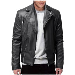 DUMUIELD Men Faux Leather Jacket Full Zip Up Collar PU Leather Motorcycle Jacket Plus Size Bomber Coat Outwear with Pockets Black,L - Thumbnail 3