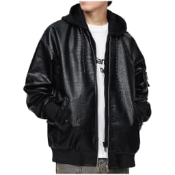 YLSDY Men's Faux Leather Jacket Zipper Hooded Bomber Jacket Loose Fit PU Leather Motorcycle Outwear Large Black M - Thumbnail 3
