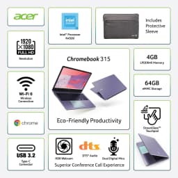 Acer Chromebook 315 15.6 inch Laptop Intel Processor N4500 4GB RAM 64GB eMMC Moonstone Purple - Thumbnail 3