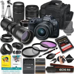 Canon EOS R5 Mirrorless Camera with RF 24-50mm f/4.5-6.3 IS STM And EF 75-300mm f/4-5.6 III & 420-800mm f/8 Lens + 128GB Memory + Extra Battery - Thumbnail 1