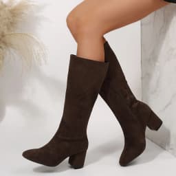 Viluyesy Womens Knee High Boots, High Chunky Heels Pointed Toe Suede Leather Fall Winter Dress Tall Boots Brown US8.5 - Thumbnail 6