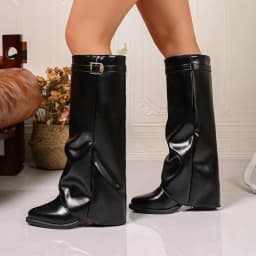 Joykidd Fold‑Over Knee High Boots for Women Pointed Toe Chunky Low Heel Slouchy Mid Calf Boots for Fall Winter Daily Outdoor Outfit - Thumbnail 4