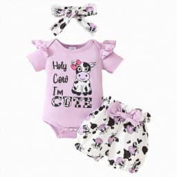 TOWED22 Baby Girl Clothes Summer Outfits Newborn Romper Ruffle Sleeve Infant Flower Shorts with Bow Headband Set 0-18 Months(Purple,0-3 M) - Thumbnail 1