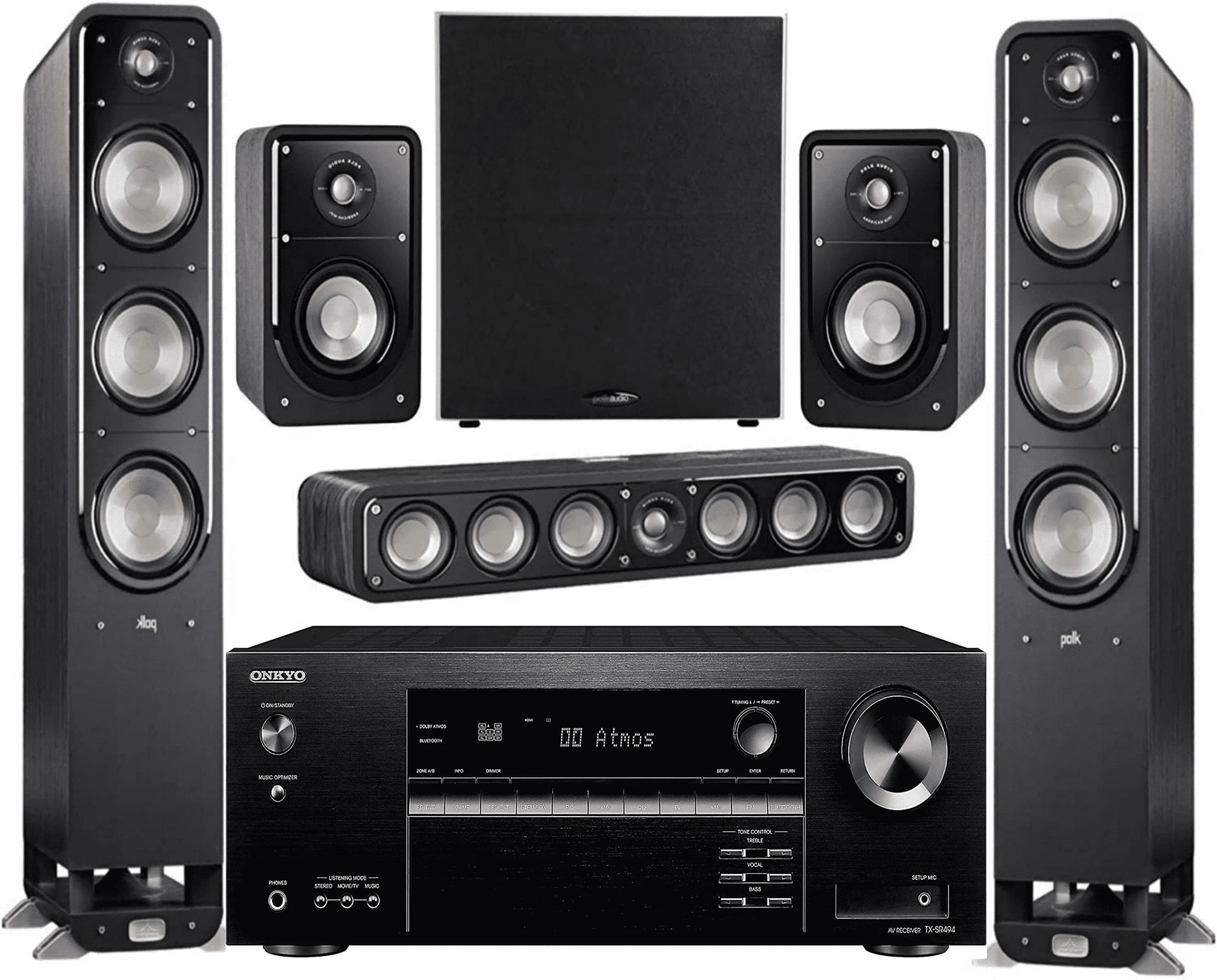 Onkyo 7.2 -Channel Wireless Bluetooth 4K 3D A/V Surround Sound Receiver + Polk Multimedia Home Theater Speaker System