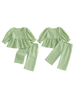 Loicainy Baby Toddler Girls Fall Clothes Set 6 12 18 24 Months 2T 3T 4T 5T Plaid Square Neck Button up Long Sleeve Shirt and Elastic Pants 2 Piece Outfits - Thumbnail 2