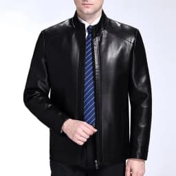 Men’s Faux Leather Jacket Biker Motorcycle Coat Vintage Stand Collar Zip Up Outwear with Pockets - Thumbnail 2