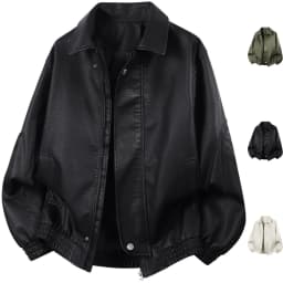 Men's Faux Leather Moto Biker Jacket Classic Textured Bomber Coat Vintage Loose Fit Zip Up Windproof Jackets with Sleeve Zipper Pockets, Black, XXL - Thumbnail 1