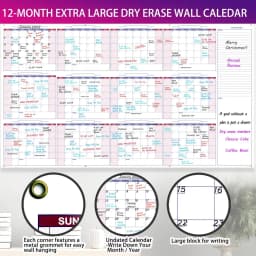Large Dry Erase Calendar for Wall,Yearly Wall Calendar Dry Erase, 34" x 59", 12-Month Undated Blank Calendar Planner, Reusable Laminated Task - Thumbnail 5