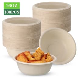 Abaima 100 Pack 16 oz Disposable Paper Bowls 100% Compostable, Natural Biodegradable Bagasse, Eco-Friendly Sugar Cane Fibers Bowls - Thumbnail 1