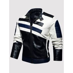 Men's Motorcycle Leather Jacket Spring & Fall New Style Stand Collar Coat Winter Warm Riding Gear Trendy Outerwear - Thumbnail 1