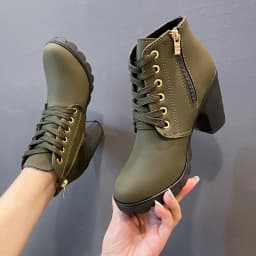 Women's Winter Warm Ankle Boots: Thick Sole & High Heel - Black PU Leather, Side Zipper with Lace-Up Detail, Plain Toe | Chic Everyday Booties | Faux Fur Lined | Rubber Sole,US Size:6.5-10.5 - Thumbnail 1