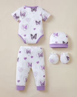 Kimi Bear Newborn Baby Girls Layette Essentials Set Summer Clothes 4 Packs Short Sleeves Romper Tops Pants Sets with Hats and Gloves 16pcs Girl Gifts Purple NB - Thumbnail 3