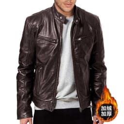 Bazeneo Mens Leather Jacket Winter Fleece Faux Leather Jacket Thick Warm Zip Motorbike Jackets Long Sleeve Western Style Pu Outwear Stand Collar Slim Fit Coat with Pocket Coat for Men - Thumbnail 2