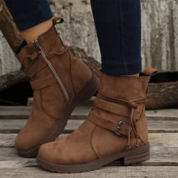 Hinvhai Women's Fashion Wide Width Leather Ankle Short Boots, Casual Comfortable Side Zipper Block Low Heel Round Toe Lace-Up Booties Brown 9(42) - Thumbnail 1