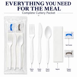 Watson Distributing Medium Weight Individually Wrapped White Cutlery Set With Napkin, Salt And Pepper 250/Case - Thumbnail 2
