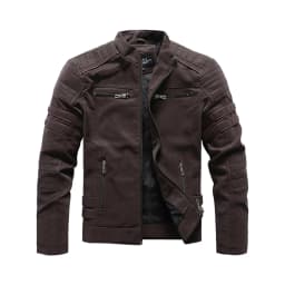 WREESH Fashion Winter Jacket Men'S Dashion Motorcycle Solid Color Zipper Pocket Leather Long Sleeved Hooded Jacket Coffee - Thumbnail 1