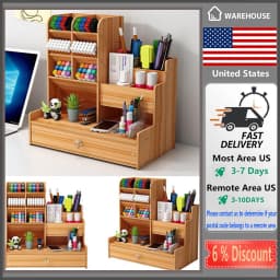 Wooden Pen Pencil Storage Holder Organizer Office Study Desk Tidy Caserack Shelf - Thumbnail 1