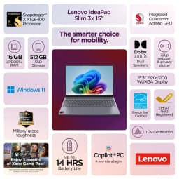 Lenovo IdeaPad Slim 3x 15.3" WUXGA Touchscreen Copilot+ PC - Snapdragon X (8-Core), 16GB LPDDR5X, 512GB SSD - Thumbnail 4