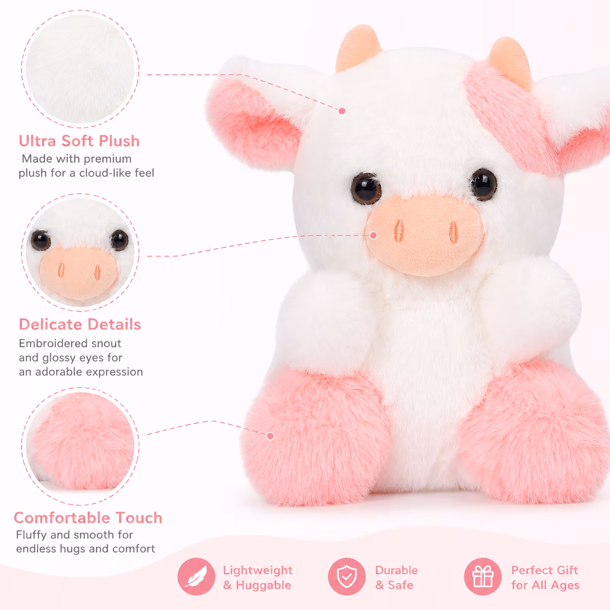 Strawberry Cow Plush Doll - Cute Stuffed Animal Toy, Soft Cuddly Cow Plushie, Durable Family Stuffed Toy, Perfect Holiday Birthday Gift for Easter - Thumbnail 5