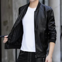 kakina CMSX Men's Autumn and Winter Leather Jacket,Motorcycle Lightweight Round Neck Faux Leather Outwear Slim Solid Color Casual Stylish Coat - Thumbnail 1