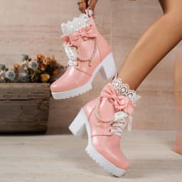 Women Chunky Heel Lace Up Booties Kawaii Shoes with Bow,Lolita Boots for Women Cosplay Shoes Platform Sweet Ankle Boots - Thumbnail 6
