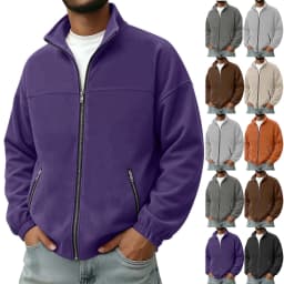 ZUBMGKTE Men's Suede Leather Bomber Jacket Casual Coat for Men Jacket with Two Pockets - Thumbnail 1