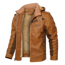 Maoxin Men's Leather Jacket Men's Solid Color Wnter Velvet Leather Zipper Pocket Long Sleeved Hooded Leather Jacket Leather Jackets for Men - Thumbnail 1