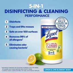 Lysol Disinfecting Wipes, All Purpose Cleaner, Multi Surface Antibacterial Cleaning Wipes, Cleaning Supplies, Lemon & Lime Blossom Scent, 80 Count - Thumbnail 3