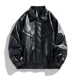 HOOMEUMY Mens Faux Leather Jacket Workout Drop Shoulder Clothes Fashion 2025 Trendy Classic Solid Coat Turndown Collar Design Vintage Loose Fit Biker Outwear Pockets Jacket Casual Black M - Thumbnail 3