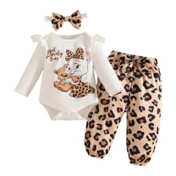 Newborn Girl Fall Winter Outfits Pants Set Preemie Infant Clothing Long Sleeve Ruffle Romper + Bow Leopard Print Pants Clothing Sets for Newborn Baby Girl 0 3 6 9 12 18 24 Months - Thumbnail 1