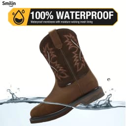 SMILIN Men's Steel Toe Work Boots, Square Toe Waterproof Cowboy Boots for Men, Brown, US Size 9.5 - Thumbnail 4