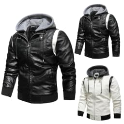Men's Leather Stand Collar Detachable Hooded Motorcycle Leather Jacket with Fashionable Embroidered Colorblock for Biker Events, Winter Rides, and Casual Outings,White,3XL - Thumbnail 1