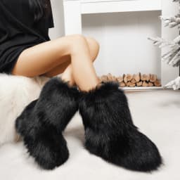 Women's Faux fur Boot Furry Fluffy Short Snow Boot Mid-Calf Boots Warm Comfortable Outdoor Flat Shoes - Thumbnail 5