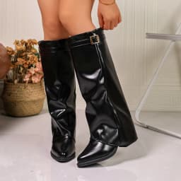 Joykidd Fold‑Over Knee High Boots for Women Pointed Toe Chunky Low Heel Slouchy Mid Calf Boots for Fall Winter Daily Outdoor Outfit - Thumbnail 3